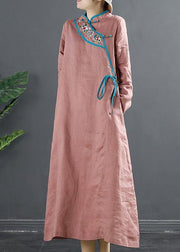 Simple Stand Collar Tunics Pink Embroidery Robe Dresses - bagstylebliss