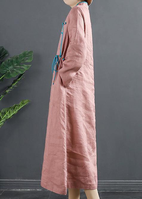 Simple Stand Collar Tunics Pink Embroidery Robe Dresses - bagstylebliss
