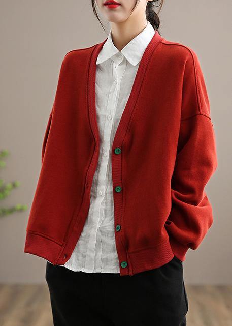 Simple V Neck Button Down Top Quality Spring Red outwear - bagstylebliss