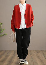 Simple V Neck Button Down Top Quality Spring Red outwear - bagstylebliss