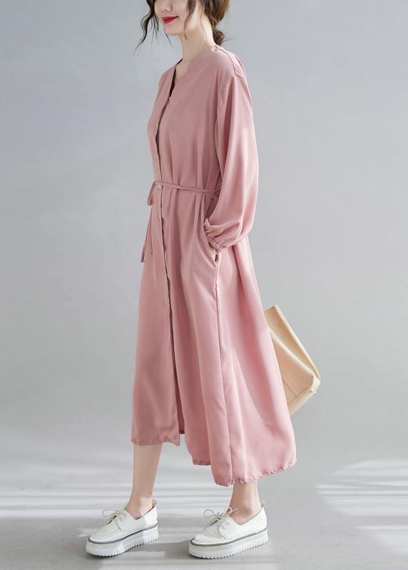 Simple V neck Drawstring Spring Tunics Pink Art Dress - bagstylebliss