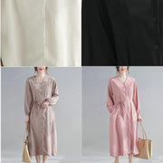 Simple V neck Drawstring Spring Tunics Pink Art Dress - bagstylebliss