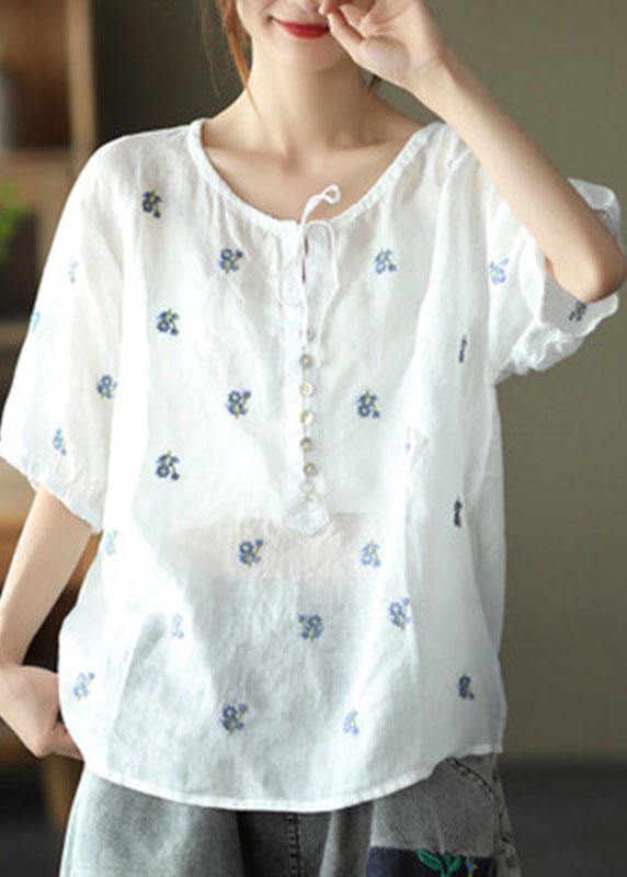 Simple White Embroideried O-Neck Summer Ramie Tops Half Sleeve - bagstylebliss