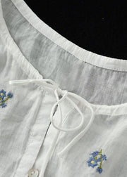 Simple White Embroideried O-Neck Summer Ramie Tops Half Sleeve - bagstylebliss