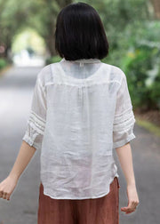 Simple White Embroidered Patchwork Lace Linen Blouse Tops Short Sleeve