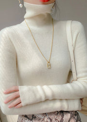 Simple White Hign Neck Warm Woolen Short Sweater Winter