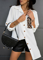 Simple White Leopard Print Button Cotton Blouses Long Sleeve