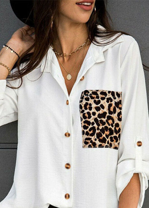 Simple White Leopard Print Button Cotton Blouses Long Sleeve