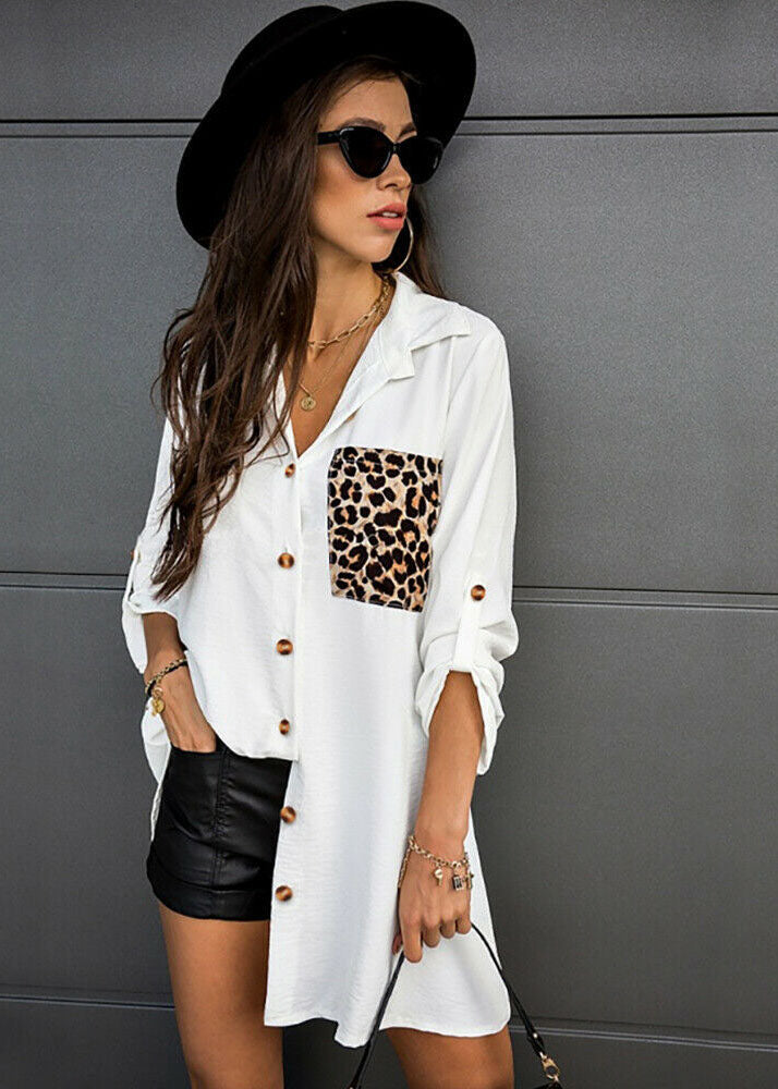 Simple White Leopard Print Button Cotton Blouses Long Sleeve