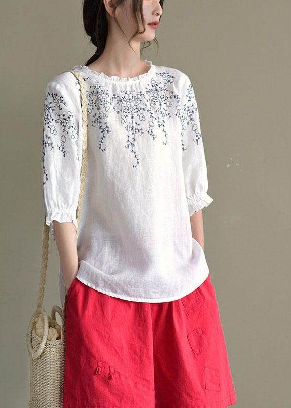 Simple White Loose O-Neck Embroideried Summer Linen Blouse Top - bagstylebliss