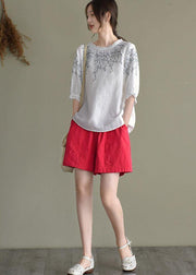 Simple White Loose O-Neck Embroideried Summer Linen Blouse Top - bagstylebliss