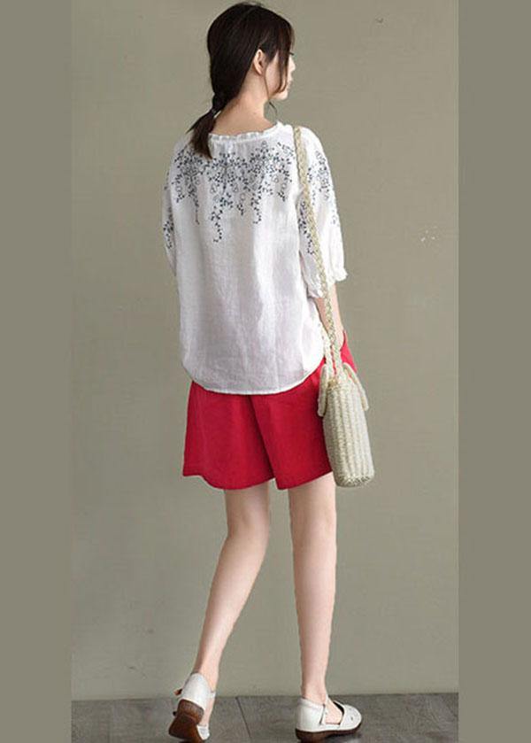 Simple White Loose O-Neck Embroideried Summer Linen Blouse Top - bagstylebliss