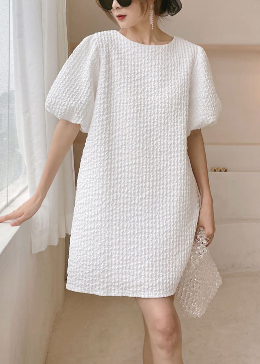 Simple White O Neck Backless Patchwork Cotton Mid Dress Puff Sleeve