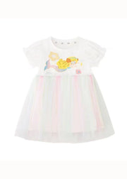 Simple White Ruffled Cartoon Print Patchwork Tulle Kids Girls Dresses Summer