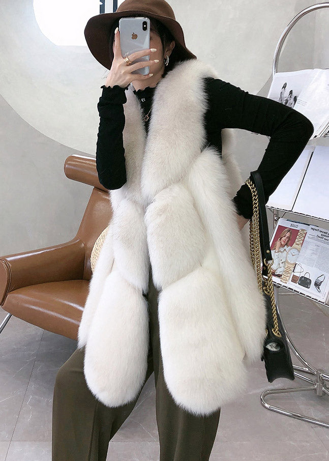 Simple White V Neck Thick Leather And Fur Waistcoat Winter