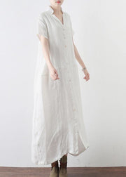 Simple White V Neck Vacation Dress Summer Linen Dress - bagstylebliss