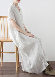 Simple White V Neck Vacation Dress Summer Linen Dress - bagstylebliss