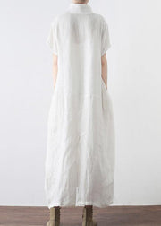 Simple White V Neck Vacation Dress Summer Linen Dress - bagstylebliss
