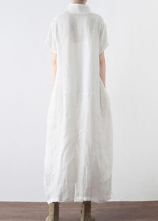 Simple White V Neck Vacation Dress Summer Linen Dress - bagstylebliss