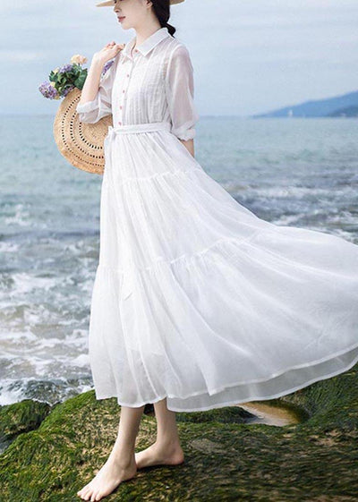 Simple White tie waist Long sleeve Party Summer Chiffon Dress - bagstylebliss