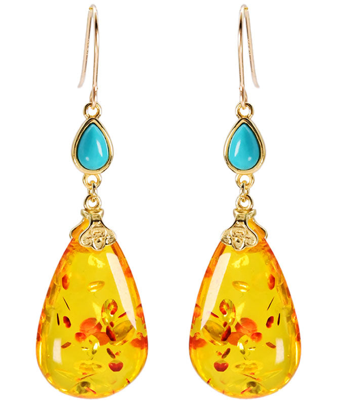 Simple Yellow 14K Gold Water Drop Amber Beeswax Drop Earrings