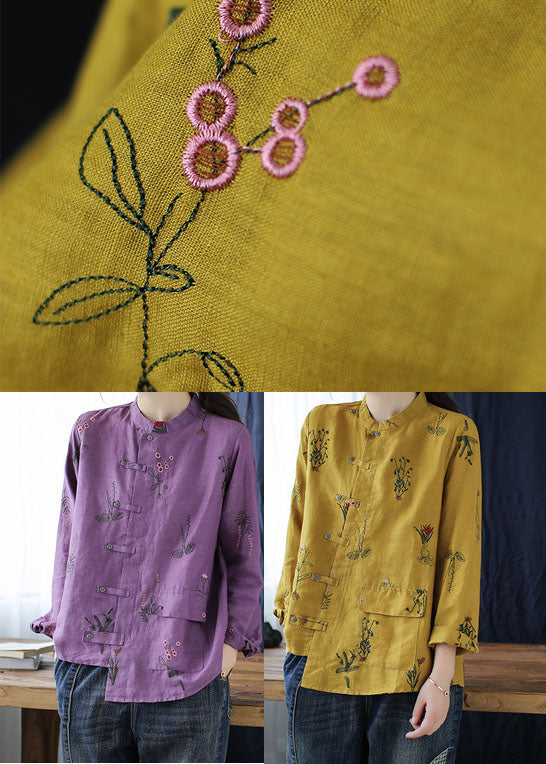 Simple Yellow Embroideried Linen Shirt Long Sleeve