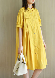 Simple Yellow Loose PeterPan Collar Button Summer Cotton Dresses - bagstylebliss