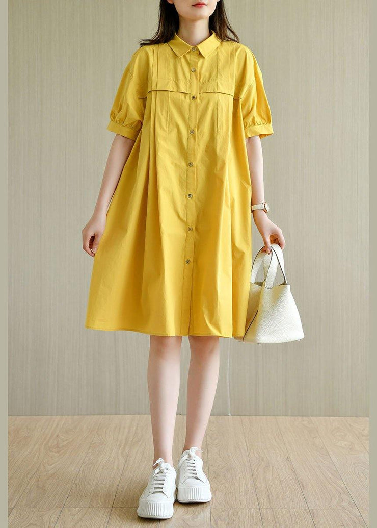 Simple Yellow Loose PeterPan Collar Button Summer Cotton Dresses - bagstylebliss