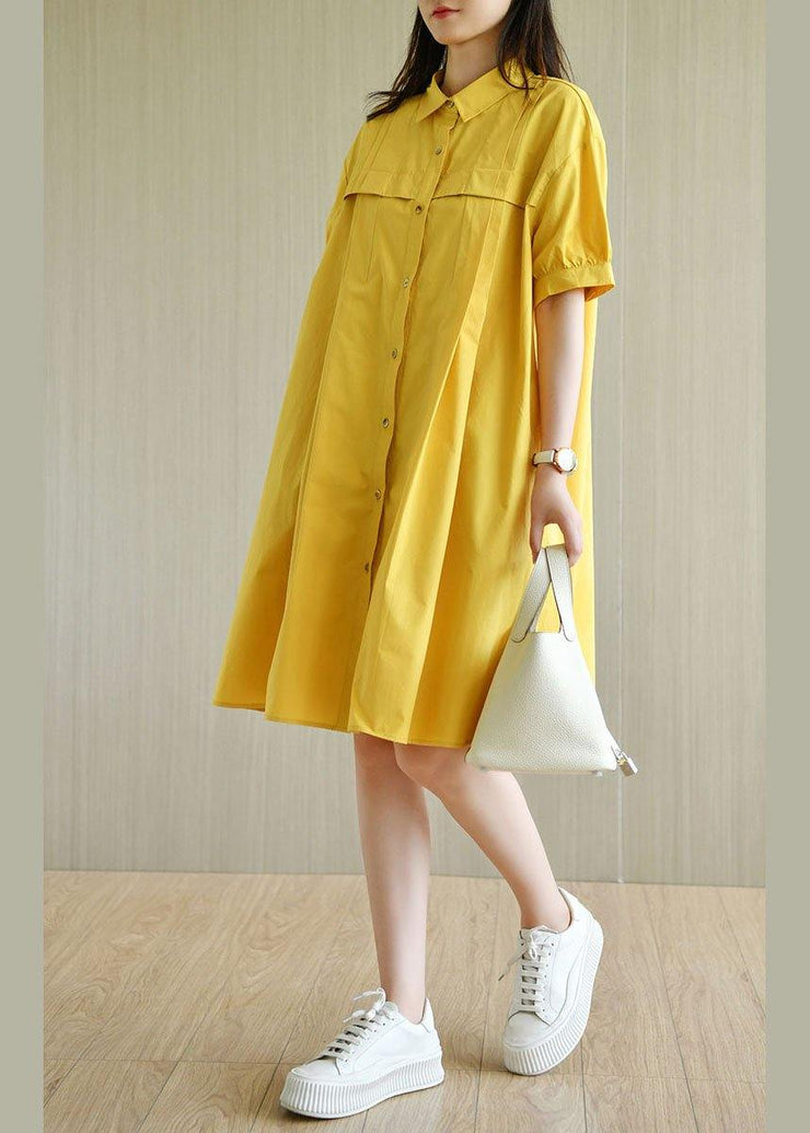 Simple Yellow Loose PeterPan Collar Button Summer Cotton Dresses - bagstylebliss