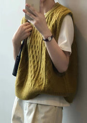 Simple Yellow O Neck Patchwork Cable Knit Waistcoat Sleeveless