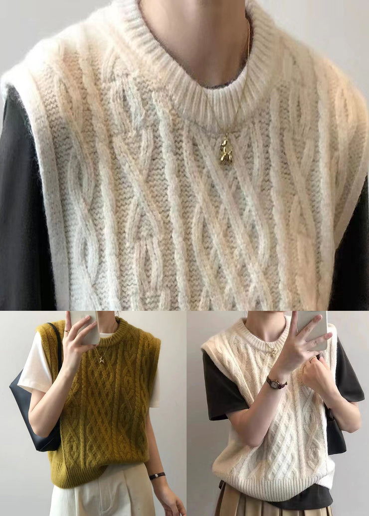 Simple Yellow O Neck Patchwork Cable Knit Waistcoat Sleeveless