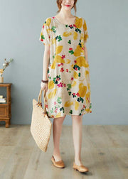 Simple Yellow O Neck Print Dress Cotton Linen Summer - bagstylebliss