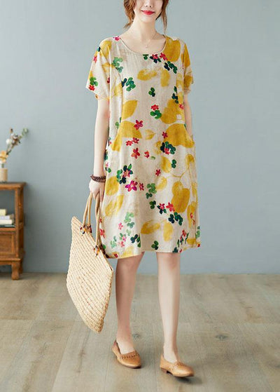 Simple Yellow O Neck Print Dress Cotton Linen Summer - bagstylebliss