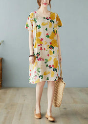 Simple Yellow O Neck Print Dress Cotton Linen Summer - bagstylebliss