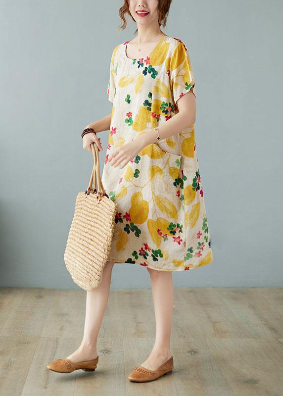 Simple Yellow O Neck Print Dress Cotton Linen Summer - bagstylebliss