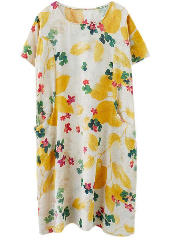 Simple Yellow O Neck Print Dress Cotton Linen Summer - bagstylebliss