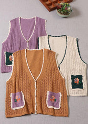 Simple Yellow Pockets Button Embroideried Fall Knit Vest - bagstylebliss