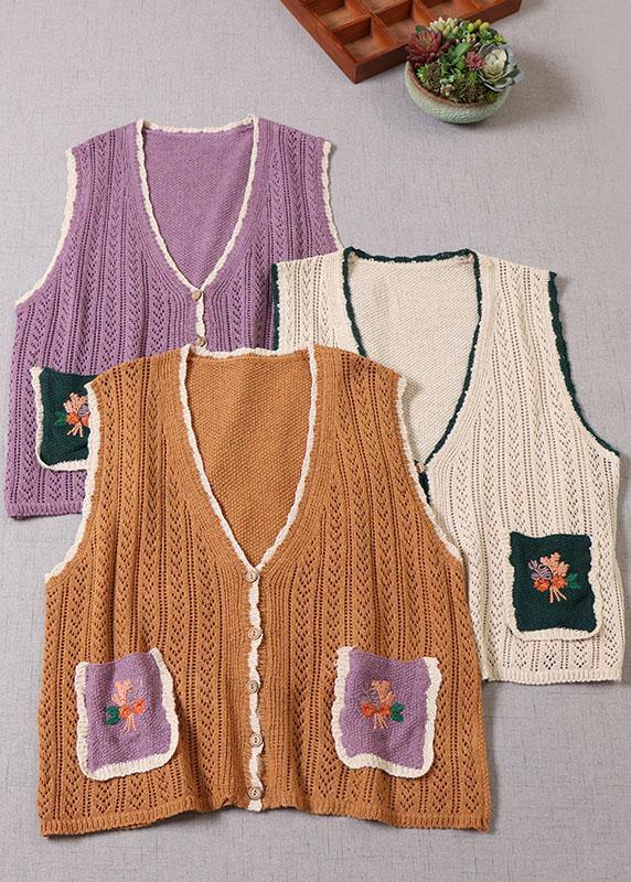 Simple Yellow Pockets Button Embroideried Fall Knit Vest - bagstylebliss