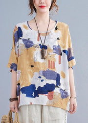 Simple Yellow Print Cotton Linen Shirt Top Summer - bagstylebliss
