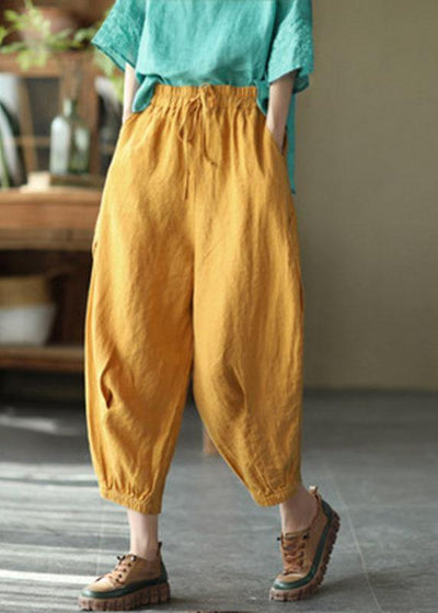 Simple Yellow Retro High Waist Pockets Summer Pants Linen - bagstylebliss