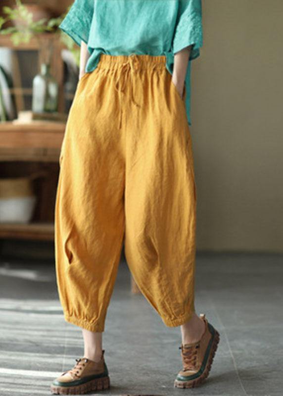 Simple Yellow Retro High Waist Pockets Summer Pants Linen - bagstylebliss