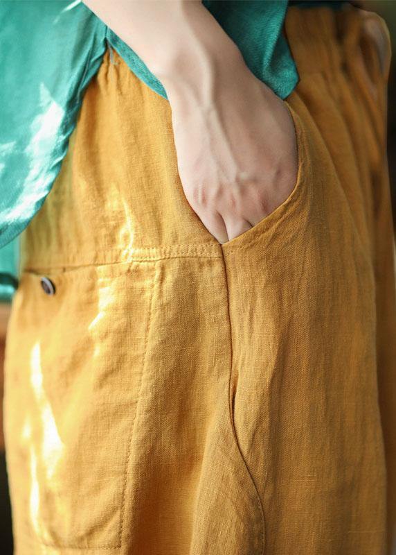 Simple Yellow Retro High Waist Pockets Summer Pants Linen - bagstylebliss