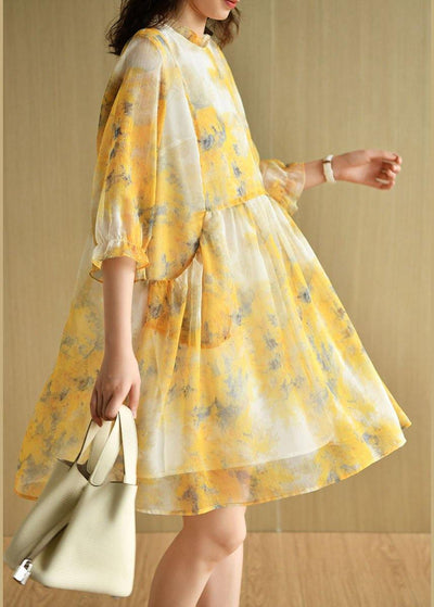 Simple Yellow Ruffled Print Pockets Summer Chiffon Vacation Dress Half Sleeve - bagstylebliss