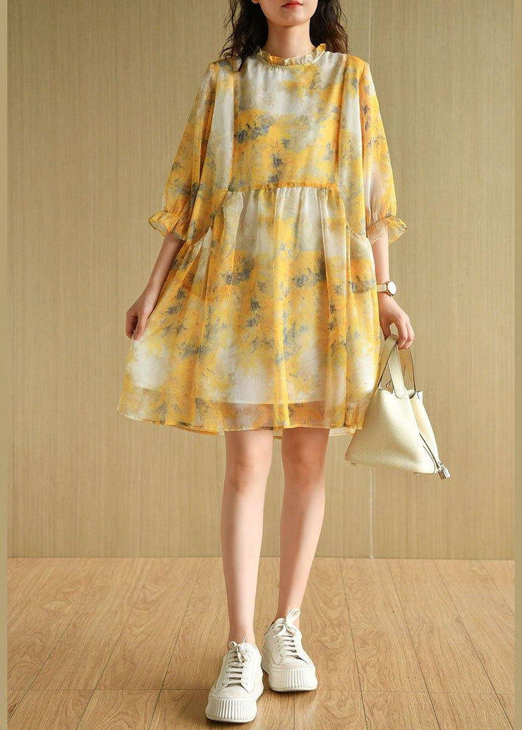 Simple Yellow Ruffled Print Pockets Summer Chiffon Vacation Dress Half Sleeve - bagstylebliss