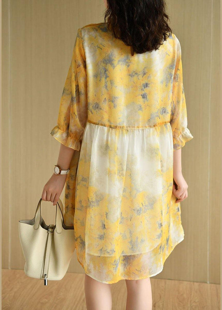 Simple Yellow Ruffled Print Pockets Summer Chiffon Vacation Dress Half Sleeve - bagstylebliss