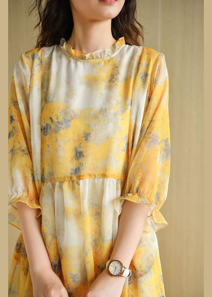 Simple Yellow Ruffled Print Pockets Summer Chiffon Vacation Dress Half Sleeve - bagstylebliss