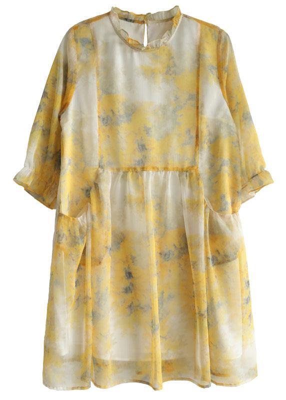 Simple Yellow Ruffled Print Pockets Summer Chiffon Vacation Dress Half Sleeve - bagstylebliss