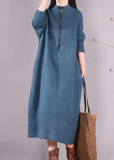 Simple Zippered Pockets Spring Clothes For Women Work Outfits Blue Robes Dresses - bagstylebliss