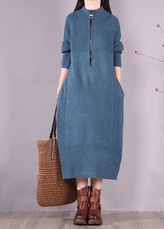 Simple Zippered Pockets Spring Clothes For Women Work Outfits Blue Robes Dresses - bagstylebliss