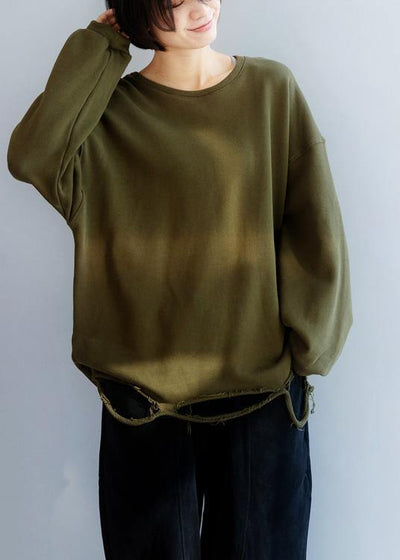 Simple army green cotton shirts women Hole hem Plus Size Clothing o neck shirts - bagstylebliss